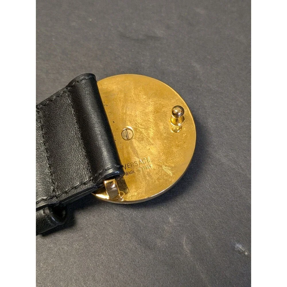Versace Men's Belt Gold Medusa Buckle Black Calfskin Leather Belt **As Is See